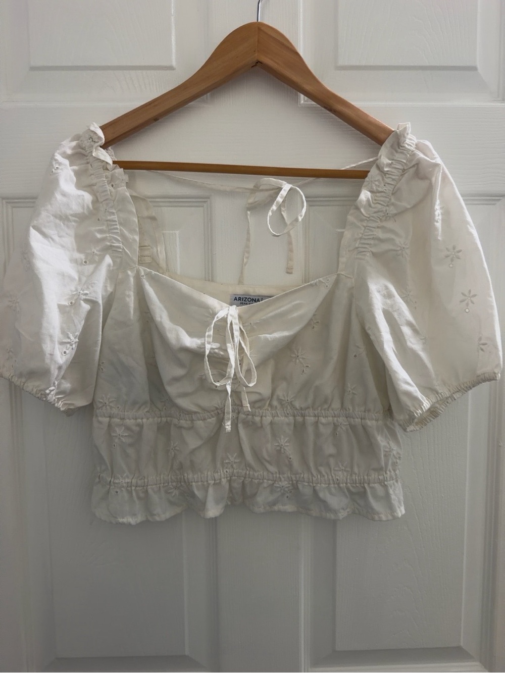 Arizona Jean Company Cream Puff-Sleeve Tie-Front Crop Top